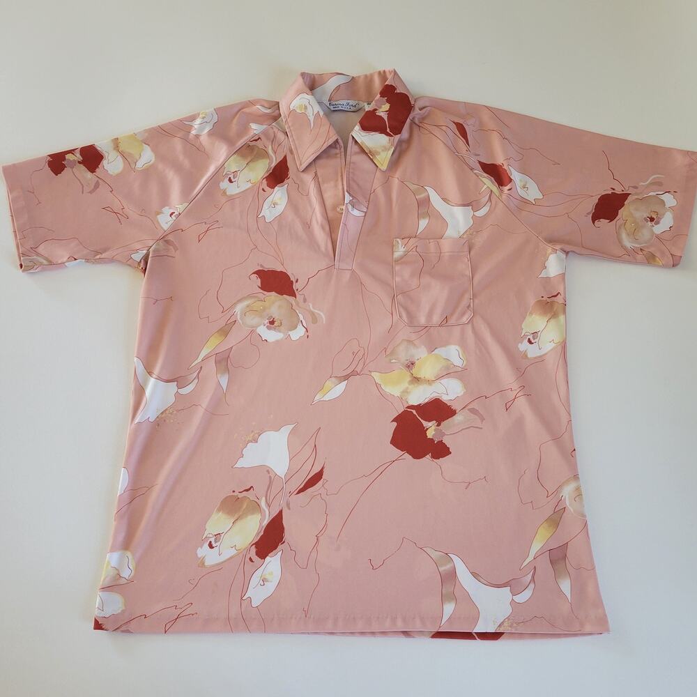 Vintage Carina Ford Shirt Mens L Pink Abstract Floral Disco Open Collar 70s USA